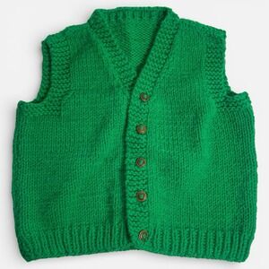 Vtg Kid Green handmade crochet chunky knit button up vest Irish St Patrick's Day